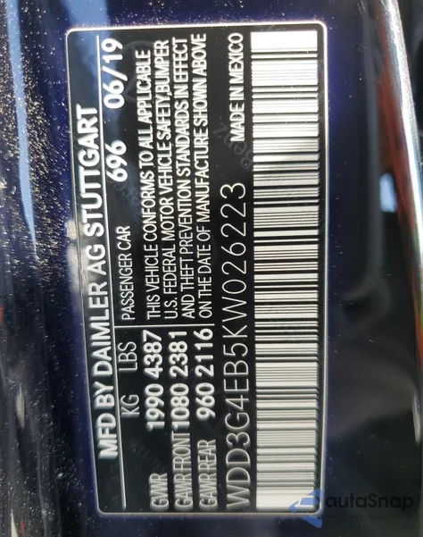 2019 Mercedes-Benz A 220 from USA, damaged, VIN WDD3G4EB5KW026223